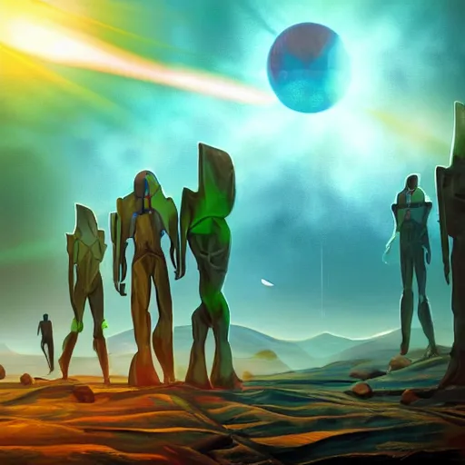 Image similar to A colorful painting of humanoid Aliens of the Sun on a space planet environment with futuristic vehicles, inspired by Keith Mallett, digital art, extremely moody lighting, glowing light and shadow, atmospheric, shadowy, cinematic