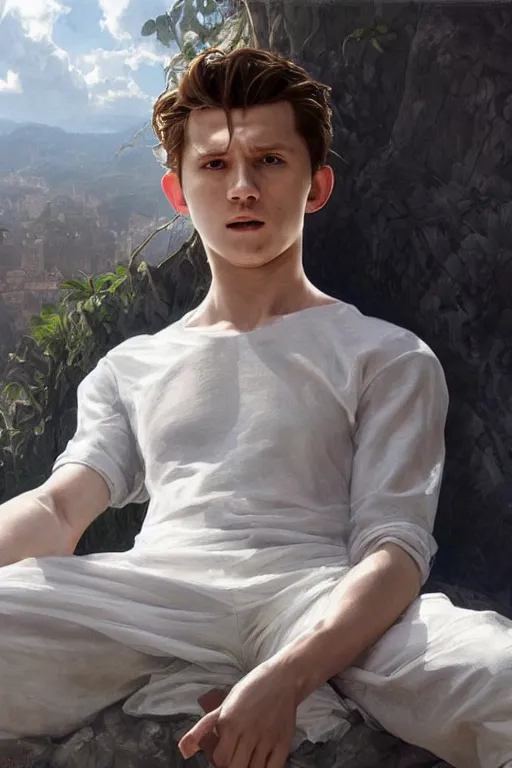 Image similar to tom holland godly white clothes meditating in the sun, blank lighting ultra realistic photorealistic highly detailed high quality, a stunningly, digital painting, artstation, concept art, smooth, sharp focus, illustration, art by artgerm and greg rutkowski and alphonse mucha 8 k