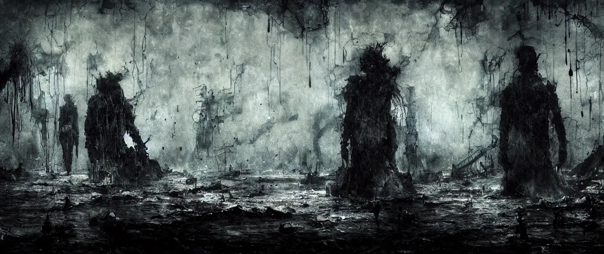 Image similar to wet collodion photography of early xx century r'lyeh sunken city by emil melmoth zdzislaw beksinki craig mullins yoji shinkawa realistic render ominous detailed photo atmospheric by jeremy mann francis bacon and agnes cecile ink drips paint smears digital glitches glitchart