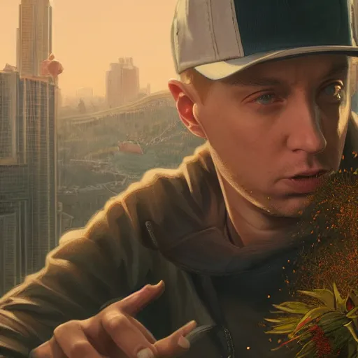 Image similar to highly detailed portrait, eminem, in gta v, stephen bliss, unreal engine, fantasy art by greg rutkowski, loish, rhads, ferdinand knab, makoto shinkai and lois van baarle, ilya kuvshinov, rossdraws, tom bagshaw, global illumination, radiant light, detailed and intricate environment