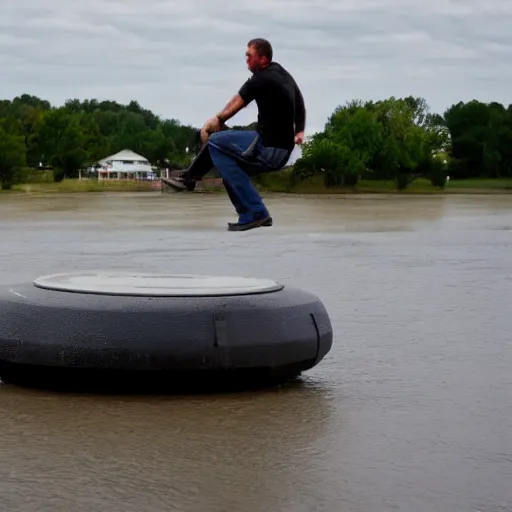 Image similar to man riding a levitating hovercraft