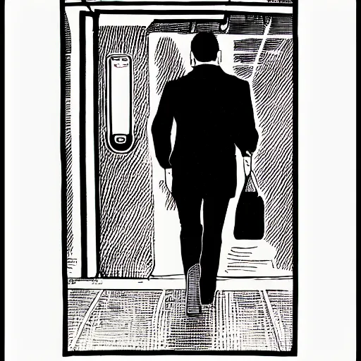 Image similar to a risograph print of a man walking into a New York City subway station
