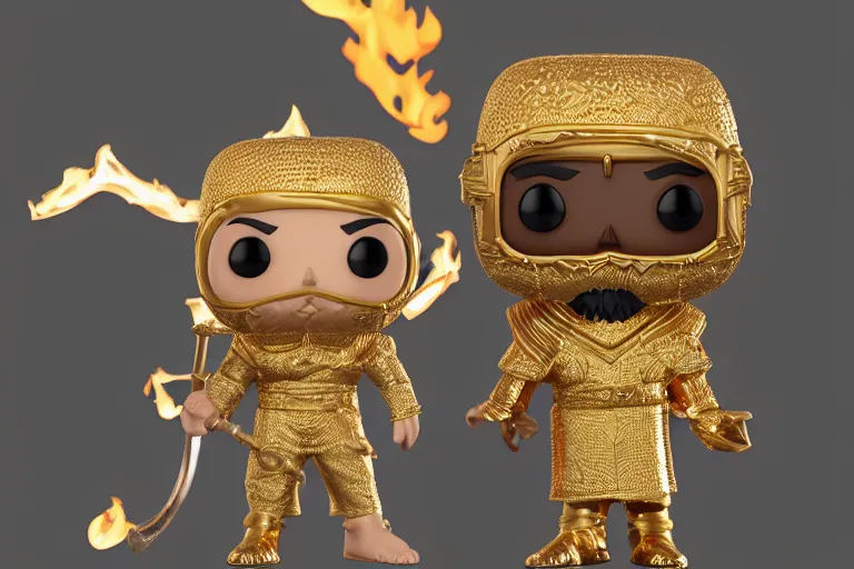 Image similar to an ultra detailed picture of the prophet mohammed as a funko pop, wearing bright gold armor and holding huge flaming longsword blessed by god, epic anime fantasy, 8 k, volumetric lighting, smooth, highly detailed, digital illustration, art by kentaro miura and akira toriyama and albert bierstadt and greg rutkowsi, artstation