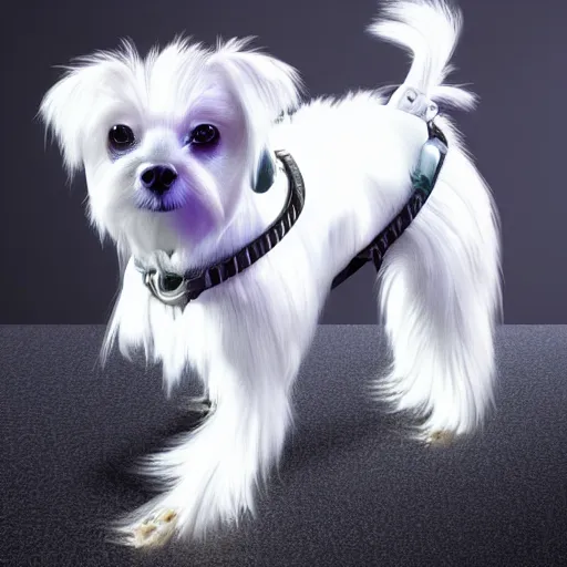 Image similar to a cyberpunk maltese dog