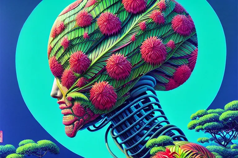 Image similar to gigantic robot head, a lot of exotic vegetation, trees, flowers by moebius, junji ito, tristan eaton, victo ngai, artgerm, rhads, ross draws, hyperrealism, intricate detailed