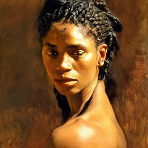 Prompt: A stunning masterful portrait of a striking Yoruba woman with braided hair and a scar on her cheek by Andrew Wyeth, John Singer Sargent, and Norman Rockwell, natural light, oil painting, ethereal, earth tones, strong brushwork