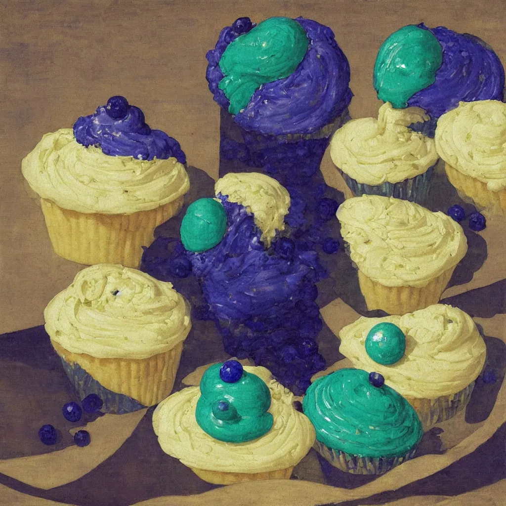 Prompt: portrait of a blueberry cupcake. lapis lazuli, malachite, turqouise, gold. painting by piero della francesca, balthus, agnes pelton