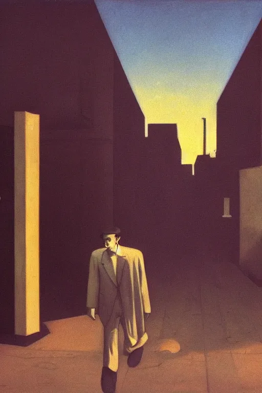 Image similar to eerie tel aviv street mystery at dusk, film noire scene. by moebius, giorgio de chirico, edward hopper