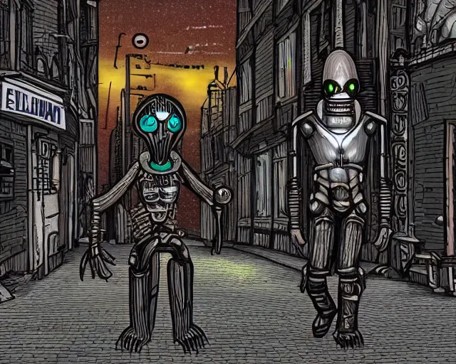 Image similar to digital artwork of humanoid alien walking along a steampunk style city street