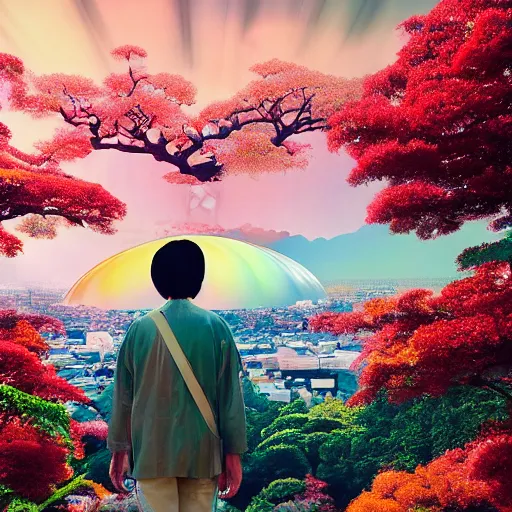 Image similar to a man walking on clouds away from the camera above kyoto by takashi murakami, beeple and james jean, aya takano color style, 4 k, super detailed, modern, 4 k, symmetrical