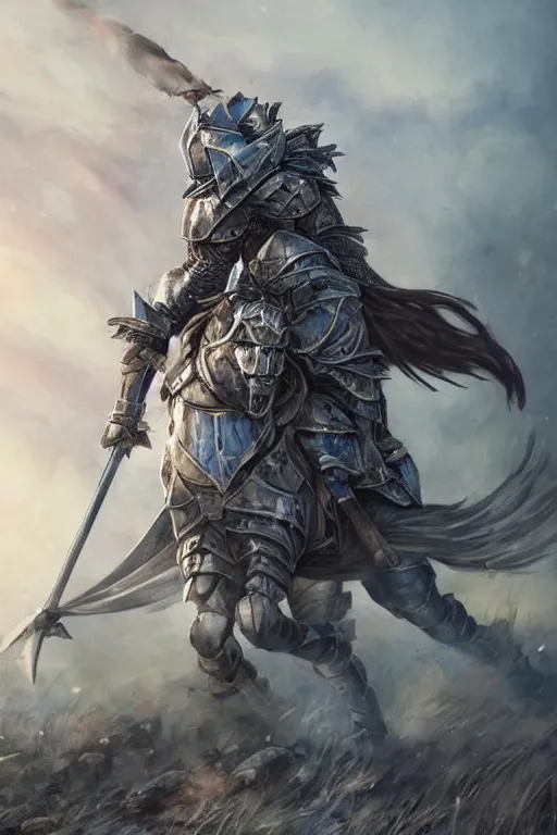 Image similar to a full body shot of an azure knight warrior by Kentaro Miura, Wolf themed armour, colored by Ronda Pattison, heavy armor, kingdom under fire in the background, dark colors, highly detailed, trending on artstation, CGsociety, exquisite detail, post-processing, masterpiece, volumetric lighting, cinematic, hypermaximalistic, high details, cinematic, 8k resolution, beautiful detailed, insanely intricate details