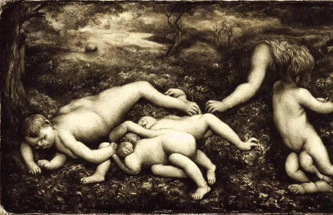 Image similar to implicit link is made between a jocund baby faun first contact sense of humanity detail of a past world intact flawless ambrotype from 4 k criterion collection remastered cinematography gory horror film, ominous lighting, evil theme wow photo realistic postprocessing along the seashore photograph by robert adams gustave courbet and french realism