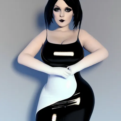 Image similar to an elegant curvy feminine pale goth cutie wearing an elaborate tight latex-nylon-leather white gown with cyan highlights, thin waist, tube-top dress, cgsociety, photorealistic, 16k, smooth, sharp focus, trending on ArtStation, volumetric lighting, worksafe, sublime-comforting-intriuging ambience