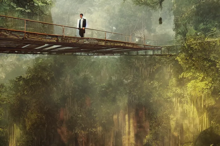 Prompt: a man in a suit walks on an old rusty bridge in a jungle, by greg rutkowski, by conrad roset, digital art, trending on artstation