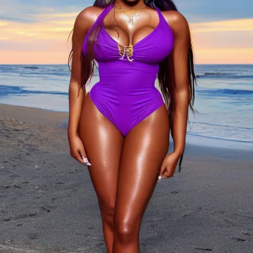 Image similar to megan thee stallion in beach setting, full body