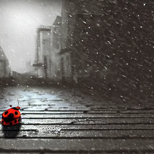 Image similar to a ladybug crawling on a sidewalk, it is night and raining, bushes in the background, moody lighting, peaceful atmosphere, digital art, highly detailed, high contrast, beautiful lighting, award winning, trending on art station, 8 k,