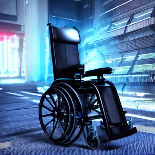 Image similar to a 3d render of a cyberpunk wheelchair, ultra detailed, realism, 8k, octane render, unreal engine