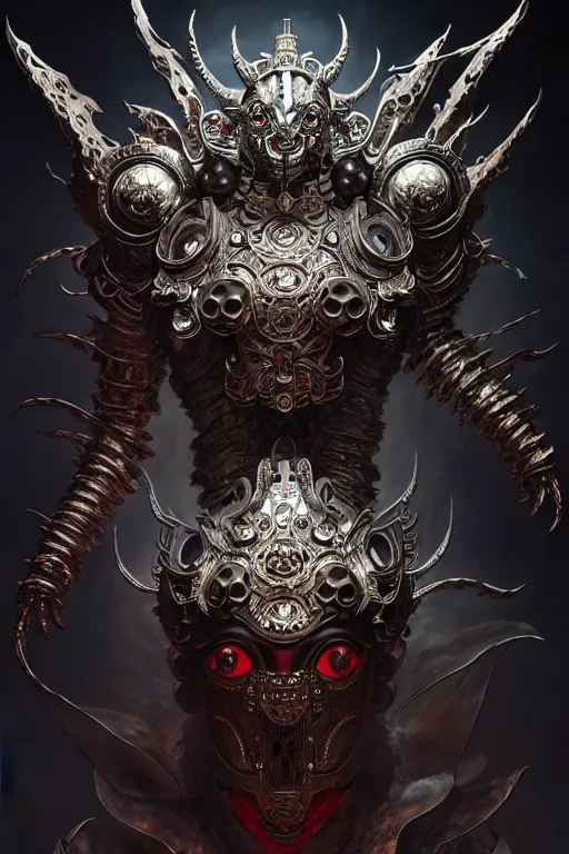 Prompt: asura from chinese myth, ghost, luxurious armor mixed with leather and metal, gothic diablo art, rococo art, cyberpunk, mecha, halfturn portrait of a big crystal face made of crystals half - turn, ominous, intricate, studio, art by anthony macbain + greg rutkowski + alphonse mucha, concept art, 4 k, sharp focus