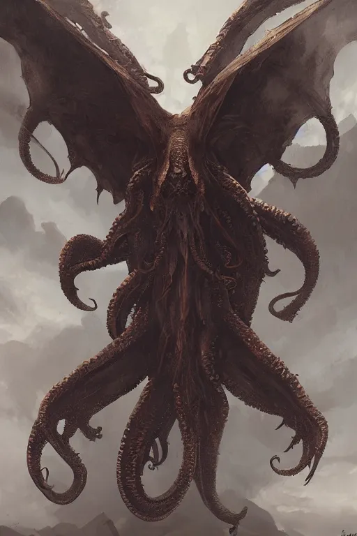 Image similar to cthulhu, wings, digital art, in the style of greg rutkowski, trending on artstation