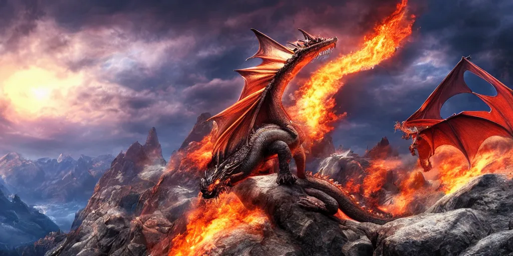 Image similar to A dragon breathing fire on the top of a mountain, epic composition, detailed and intricate image, cinematic, 4K