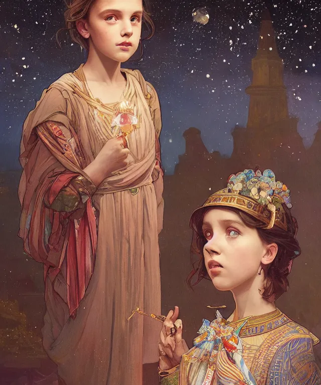 Image similar to a beautiful painting of a girl resembling millie bobby brown at the lantern festival in a an ancient egyptian town, at night with a sky full of stars, intricate, elegant, highly detailed, digital painting, artstation, concept art, by krenz cushart and artem demura and alphonse mucha