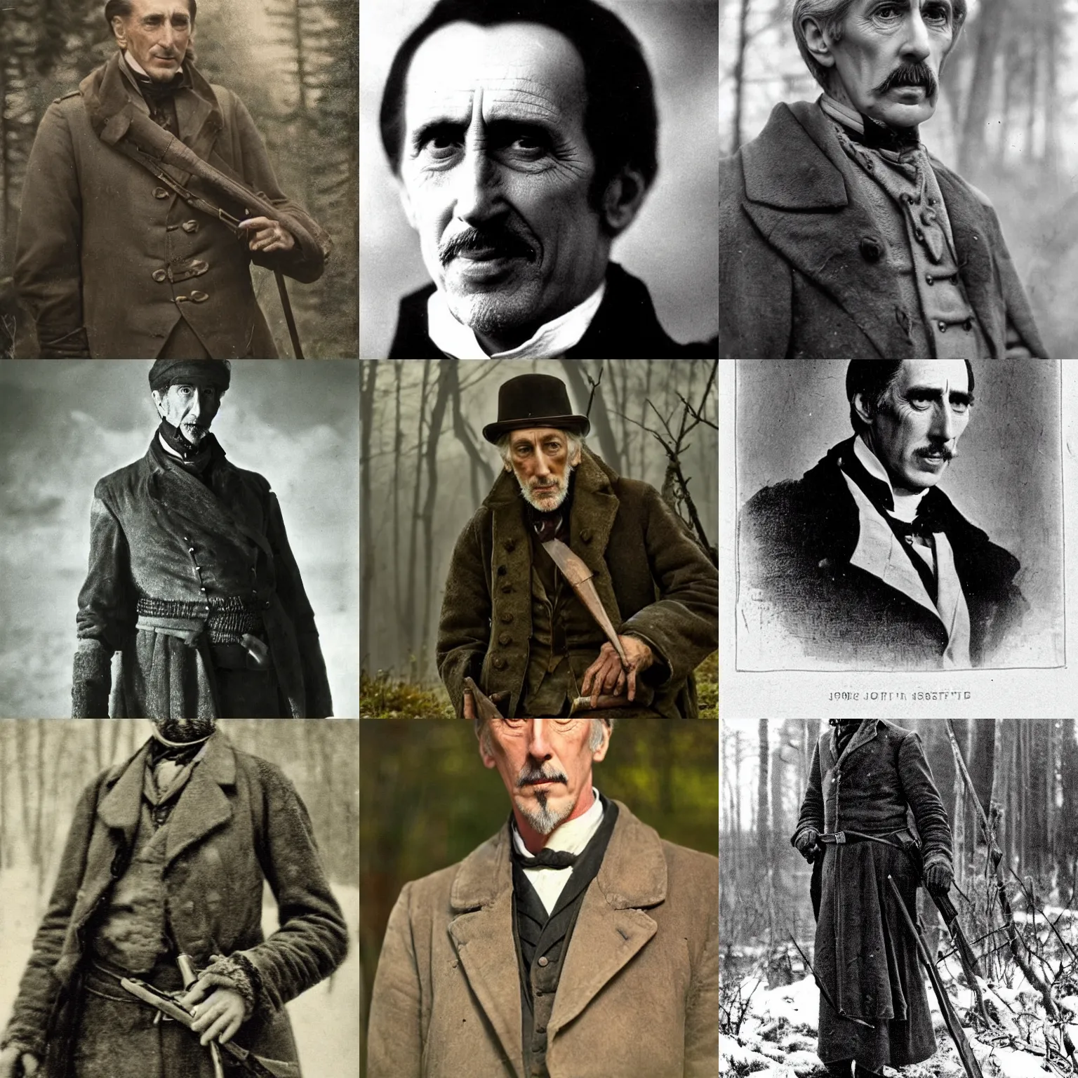 Prompt: a middle aged, stark 19th century eastern european hunter with a gray goatee looks similar to Jonathan Hyde and young Christopher Lee. The background is a eastern european forrest. cinematic lighting, highly detailed, realistic, antique photography