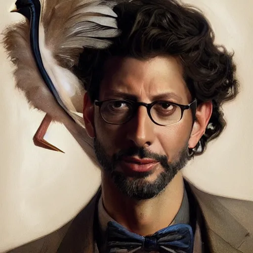 Prompt: hyperrealistic portrait of a man as jeff goldblum touching neck noir white swan dress wearing sapphire jewellery with long feather collar by jeremy mann and alphonse mucha, fantasy art, photo realistic, dynamic lighting, artstation, poster, volumetric lighting, very detailed faces, 4 k, award winning
