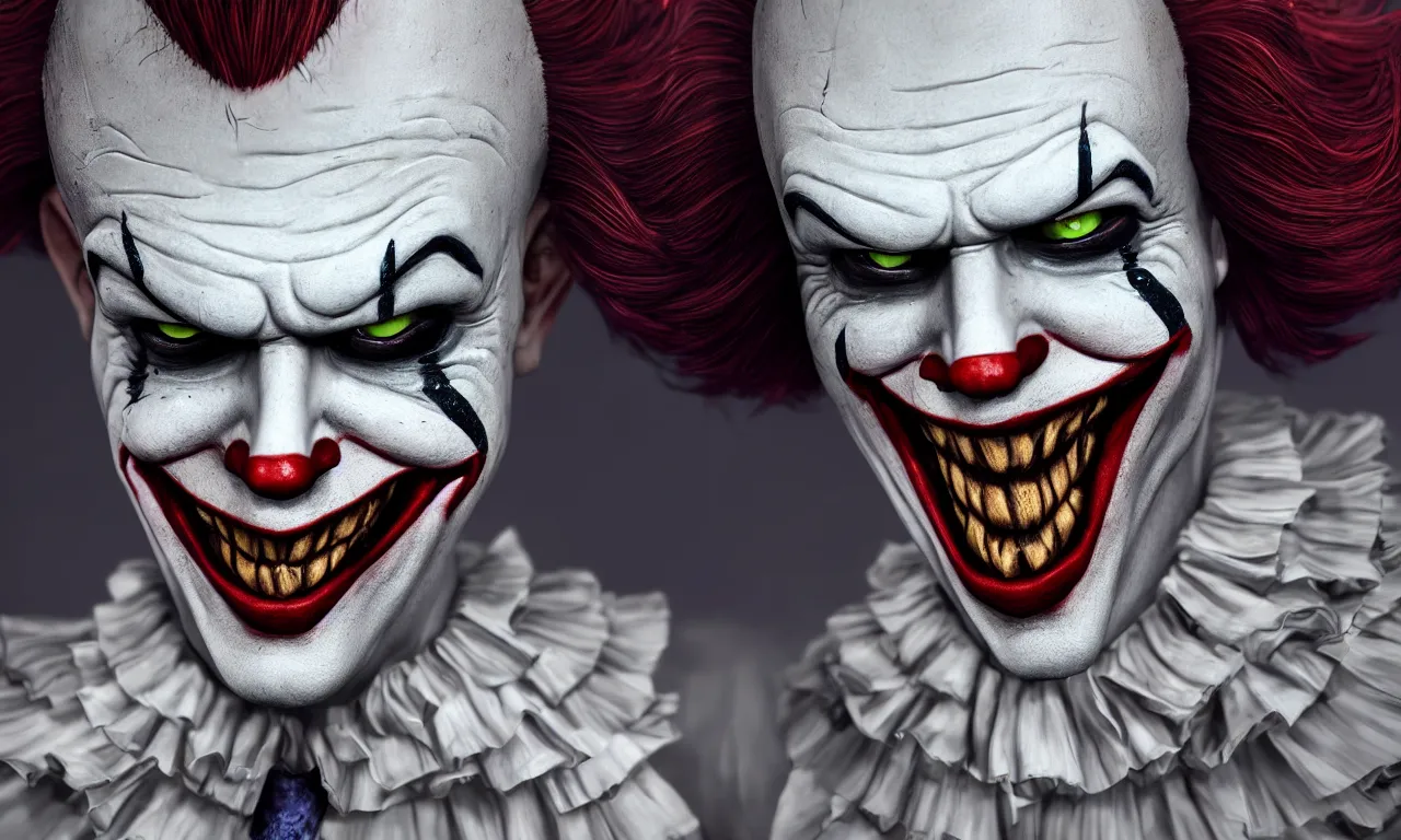 Image similar to Joker as pennywise, joker pennywise fusion, joker 2019, unreal engine, realistic, photorealistic, realistic render, HD, hyper realism, photo realism, cinematic