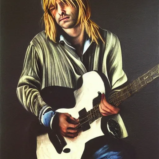Prompt: Kurt Cobain playing guitar by Mario Testino, oil painting by by Caravaggio