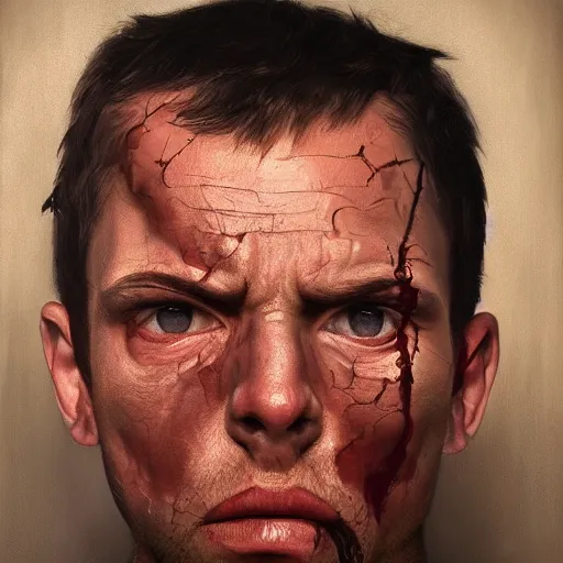 Prompt: high quality high detail painting by juan francisco casas, hd, portrait of a dangerous psychopath, intense demonic look in the eyes, photorealistic lighting