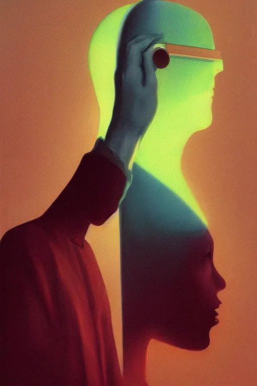 Image similar to woman wearing Oculus and digital glitch head Edward Hopper and James Gilleard, Zdzislaw Beksisnski, higly detailed