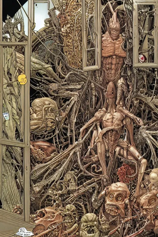 Image similar to a doorway to an impossible nightmare beyond comprehension, very very detailed painting by geof darrow and greg rutowski and hr giger