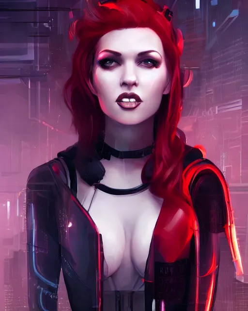 Image similar to Portrait of a futuristic rogue by Charlie Bowater, latex dress, gothic, short red hair, complementary rim lights, backlit, posing, cyberpunk city backdrop