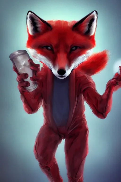 Image similar to a humanoid fox wearing scientist's clothes holding a red chemical, digital painting, masterpiece, digital art, high quality, highly detailed, concept art, trending on deviantart, high coherence, anatomically correct, five fingers, cinematic, high definition, path traced, laboratory background