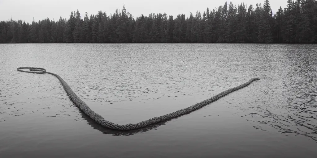 Prompt: centered photograph of a infintely long rope zig zagging across the surface of the water into the distance, floating submerged rope stretching out towards the center of the lake, a dark lake on a cloudy day, color film, trees in the background, hyper - detailed photo, anamorphic lens