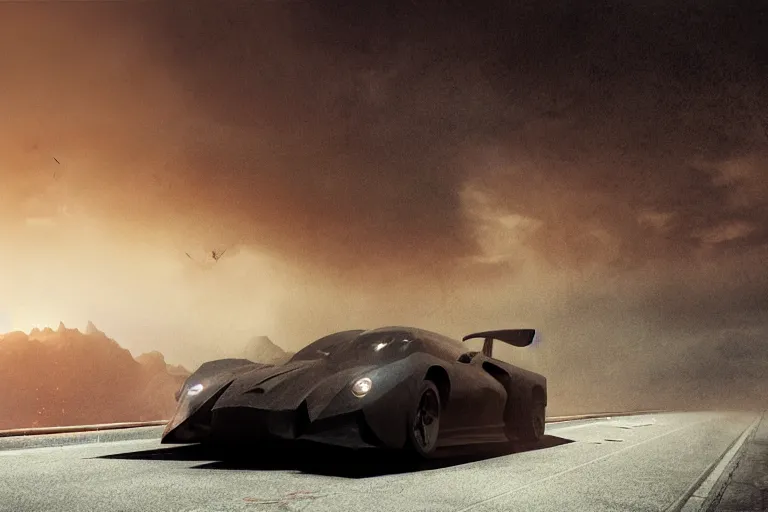 Image similar to the batmobile caught in the flow of time. octane render. 8 k. dark. atmospheric. cinematic. spectacular. sense of awe. mist. strong winds. sunrise. super slowmotion. matte painting painted by sparth and craig mullins