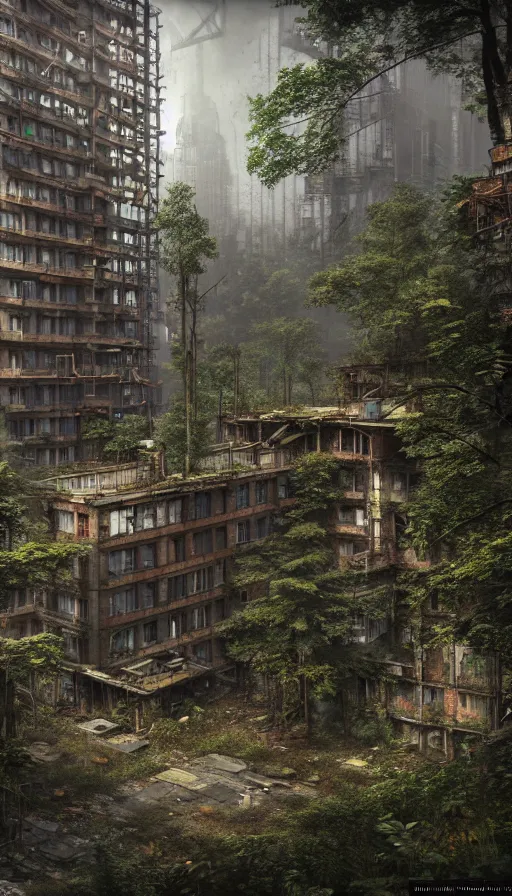 Prompt: a beautiful ultradetailed render of city building unfinished building urbex industrial architecture dormitory by antoine predock, wilderness mars steampunk reclaimed by nature forest tundra rainforest postcyberpunk myst, archdaily, wallpaper, highly detailed, trending on artstation.