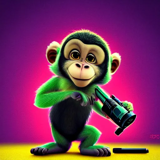 Image similar to “ logo of a monkey in the style of zootopia holding laser gun, with a black background, digital art, award winning, trending on art station, retro style ”