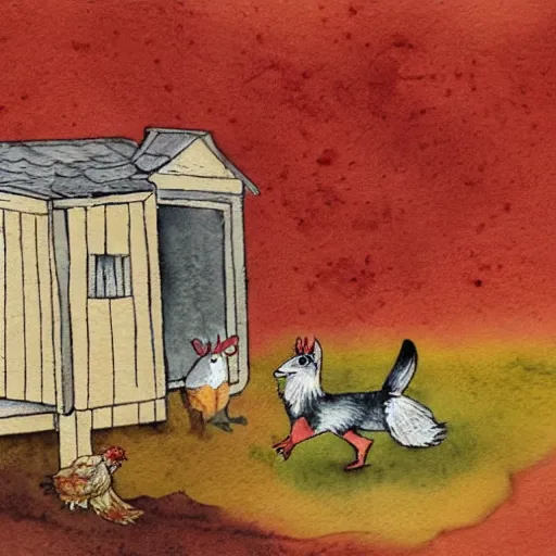 Prompt: fox dancing with a chicken in a hen house, watercolor illustration,