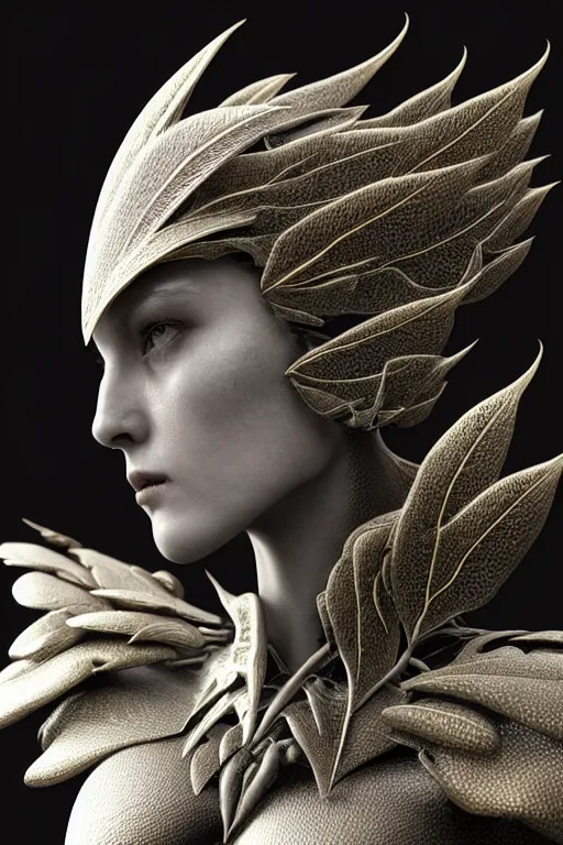 Image similar to bw close - up profile face, black background, beautiful young porcelain vegetal - dragon - cyborg - female, 1 5 0 mm, beautiful natural soft rim light, silver gold details, magnolia leaves and stems, roots, mandelbot fractal, elegant, ultra detailed, white metallic armour, octane render, h. r. giger style