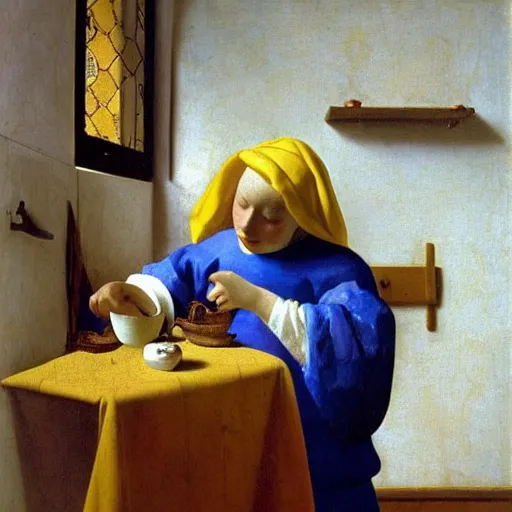 Image similar to vermeer\'s milkmaid reimagined by salvadore dali