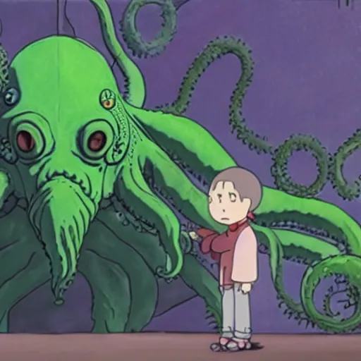 Image similar to screenshot from Miyazaki's my neighbor cthulhu, by ghibli animation