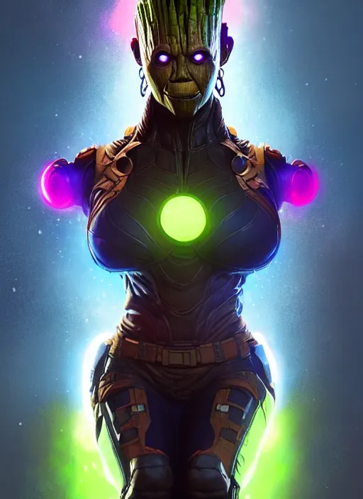 Image similar to portrait of apex legends groot, thanos, harley quinn, hulk, crew shot, intricate, elegant, glowing lights, highly detailed, digital painting, artstation, glamor pose, concept art, smooth, sharp focus, illustration, art by artgerm and greg rutkowski, artey freytag