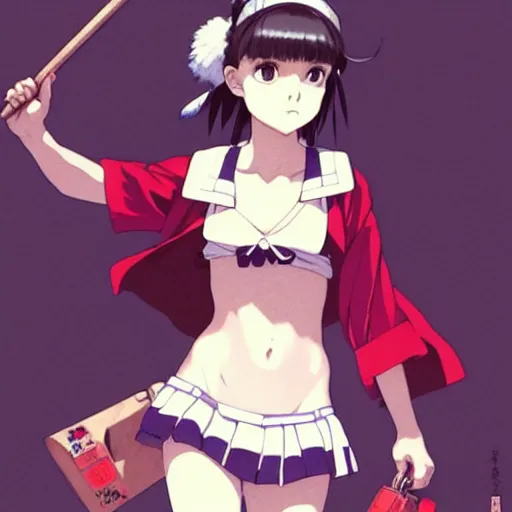 Image similar to a beautiful! boyish! natalie portman alluring gravure! model, wearing japanese school girl outfit with mayan pattern and native style, aztec street fashion, gapmoe yandere grimdark, trending on pixiv fanbox, painted by greg rutkowski makoto shinkai takashi takeuchi studio ghibli, akihiko yoshida