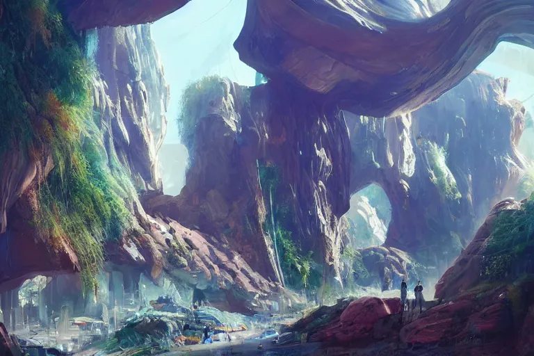 Prompt: futuristic cyberpunk city with lush garden located on rgb Antelope canyon, rocks formed by water erosion, beautiful smooth sandstone in unique shapes with light beams that shine through its walls, polish narrow slots of walls into a striated swirling finish, digital painting, concept art, smooth, sharp focus, from Star Trek 2021, illustration, by WLOP and Ruan Jia and Mandy Jurgens and William-Adolphe Bouguereau, Artgerm