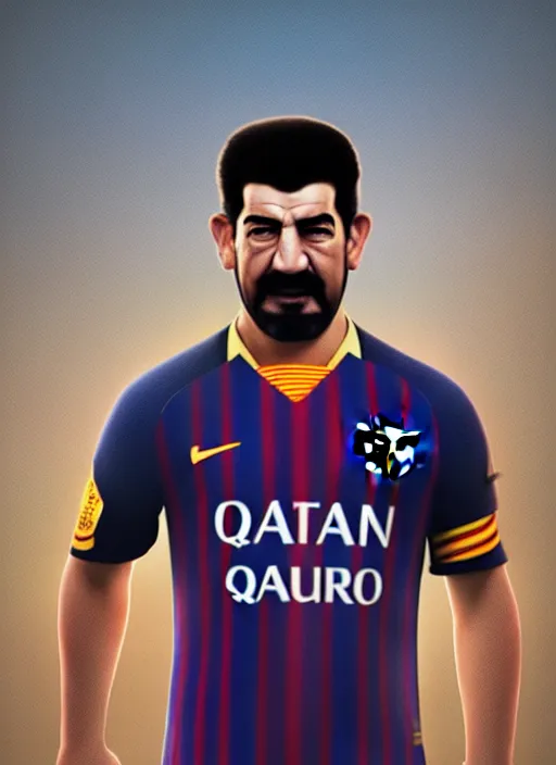 Image similar to portrait of sadam hussain, head and torso, fc barcelona jersey number 1 0, dark blue, maroon red, unreal engine 5, trending on artstation, master piece, octane render, art by artgerm and greg rutkowski and alphonse mucha