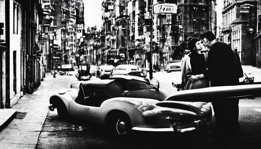 Prompt: “A still from a modern black and white French art house movie 1960’s. City street, car, man and woman in love, Cinematic lighting, highly detailed, close-up,”