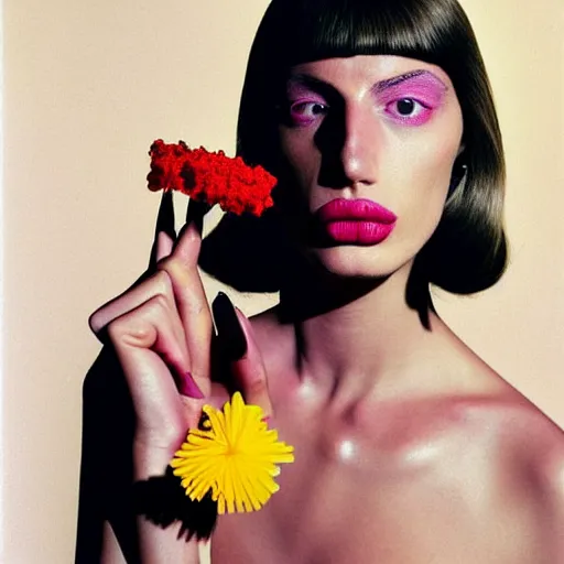 Image similar to a studio close - up portrait of a a fashion model smelling a plastic toy flower. surreal photograph, lo - fi, polished look, silly and serious, hermes ad, fashion photography, toiletpaper magazine by pierpaolo ferrari and maurizio cattelan, 3 5 mm photograph, colourful, by pierpaolo ferrari, maurizio cattelan, david lachapelle