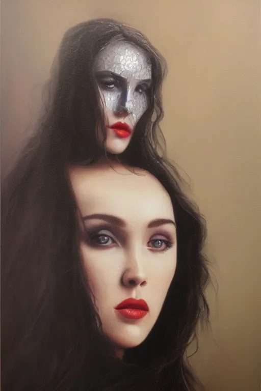 Image similar to hyperrealism oil painting, close - up portrait of isabelle adjani medieval brunette vampire fashion model, knight, steel gradient mixed with nebula sky, in style of baroque