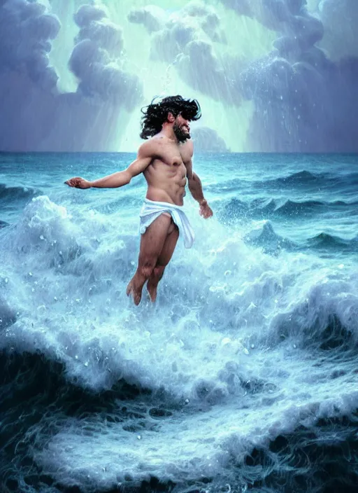 Image similar to portrait of teenage poseidon rising from ocean, greek, short curly blonde hair, mad smile, wearing a wet white sash, elegant, crashing waves, storm, glowing lights, volumetric lighting, highly detailed, digital painting, artstation, concept art, smooth, sharp focus, illustration, art by wlop, mucha, artgerm, and greg rutkowski